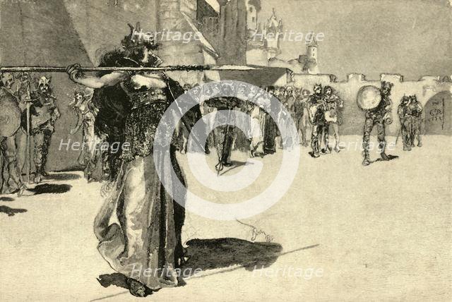 'Brunhild, The Warrior-Queen, Hurls Her Spear at Gunther's Shield', 1882. Creator: Unknown.