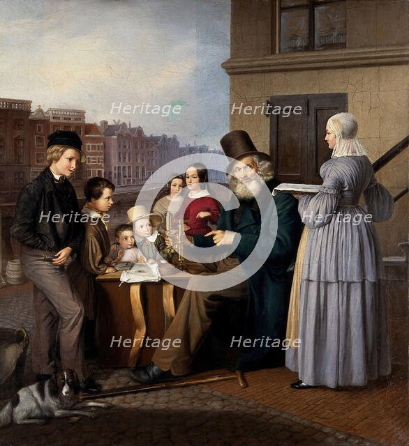 A travelling showman in the Netherlands showing animalcules to children, c1840. Creator: Unknown.