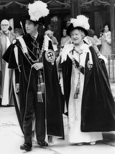 Prince Charles and the Queen Mother leaving St George's Chapel, Garter Ceremony, Windsor, 1977. Creator: Unknown.