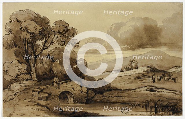 Landscape with Stone Bridge in Foreground and Cows on Hillside, n.d. Creator: James Robertson.