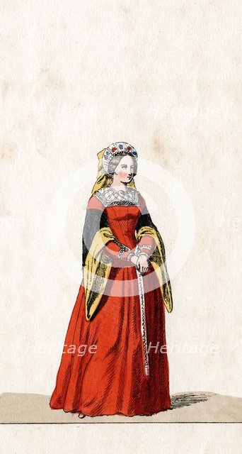 Lady-in-waiting, costume design for Shakespeare's play, Henry VIII, 19th century. Artist: Unknown