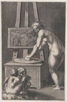 Pictura: allegory of painting, with a nude woman at center grinding pigments, two p..., ca. 1610-50. Creator: Anon.