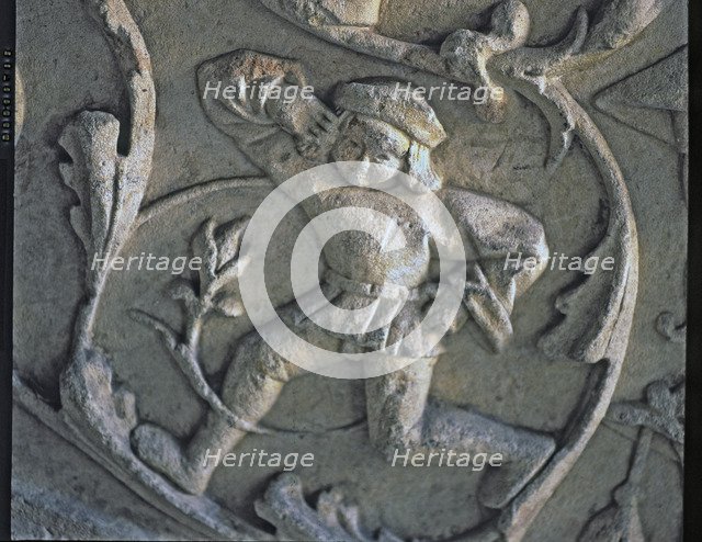 Stairway of the Senior Schools of the University of Salamanca. Detail of the relief of a dancer f…
