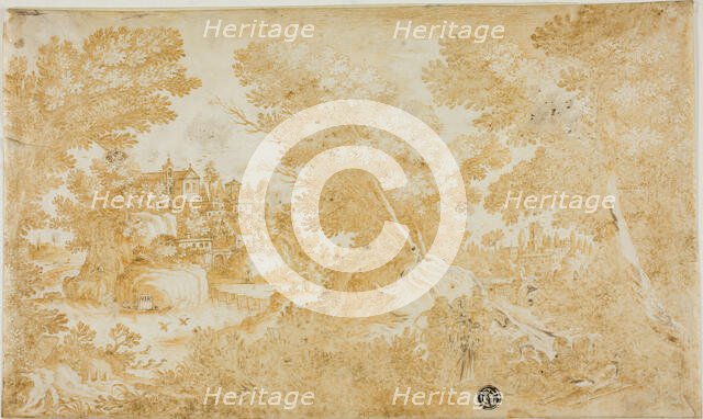 Men and Women Resting in Wooded Landscape with River, Villas, Church, n.d. Creator: Unknown.