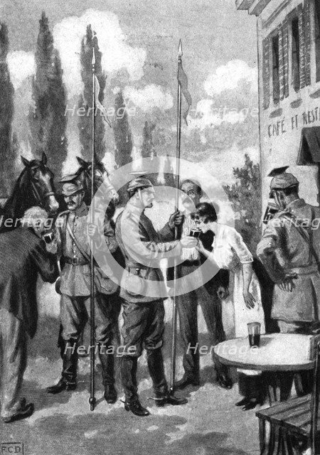 'Uhlans demanding refreshments from Belgian villagers', First World War, 1914. Artist: Unknown