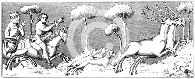 Hunting deer with dogs, 14th century (1849). Artist: Unknown