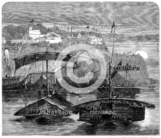 Cotton from India: a cotton fleet descending the Ganges - casting off from Mirzapore, 1862. Creator: Smyth.