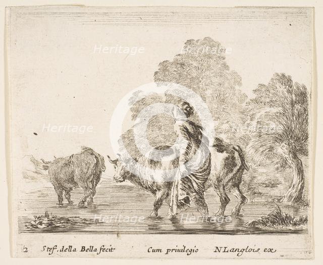 Plate 2: a peasant woman herds two cows across a stream, walking towards the left..., ca. 1644-47. Creator: Stefano della Bella.