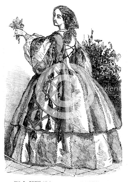 Fashions for November - Dress of Green and Grey Striped Silk, 1858. Creator: Unknown.