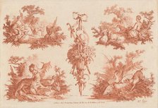 Two Pastoral Vignettes, Two Hunting Vignettes, and a Trophy, 1774. Creators: Gilles Demarteau, Jean Baptiste Marie Huet.