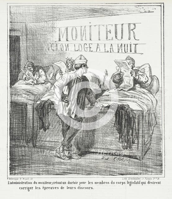 L'Administration du Moniteur, créant un dortoir pour les membres du corps législatif..., 1867. Creator: Cham.