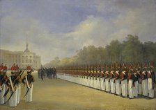 Parade of the Pavlovsky Guard Regiment on the Field of Mars in Saint Petersburg, 1830s. Artist: Ladurner, Adolphe (1798-1856)