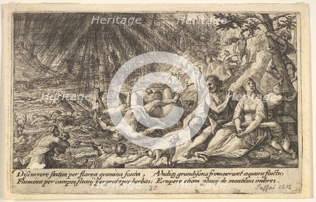 The beginning of the Flood: men and women climb to higher ground at right, water overtakin..., 1612. Creator: Crispijn de Passe I.