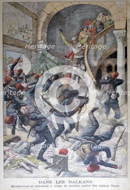 In the Balkans: Macedonians defending themselves with bombs against Turkish Soldiers, 1903. Artist: Unknown