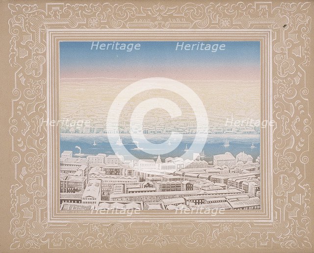 Aerial view of London with decorative border, c1845. Artist: Kronheim & Co