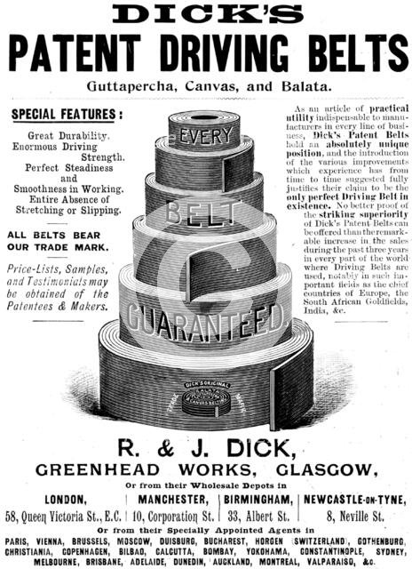 Advertisement for Dick's Patent Driving Belts, 1898.  Creator: Unknown.