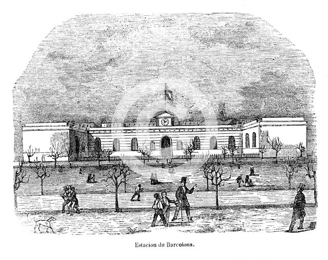 Station of Barcelona of the railway line of Mataró in 1849, vintage engraving.