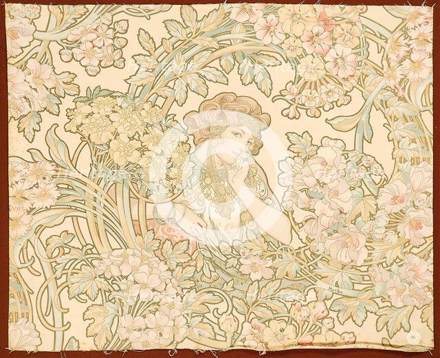 Woman among flowers (printed fabric), 1898-1899. Creator: Mucha, Alfons Marie (1860-1939).