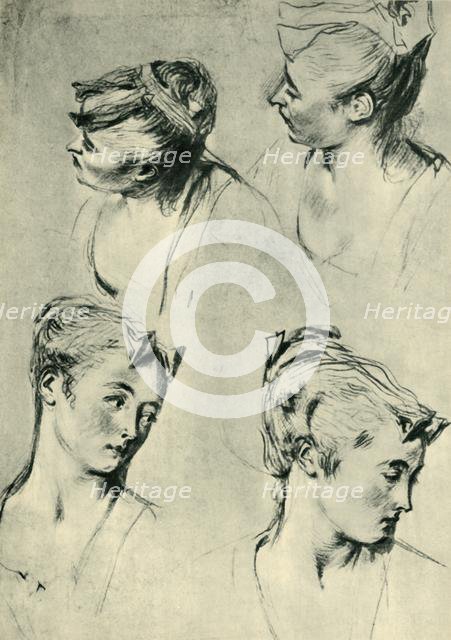 Four studies of female heads, early 18th century, (1943). Creator: Jean-Antoine Watteau.