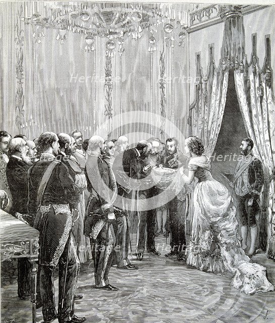 Reign of Alphonse XII, birth of the Infanta Maria de las Mercedes, presentation at the palace, en…