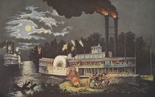  'Wooding Up' On The Mississippi, pub. 1863, Currier & Ives (Colour Lithograph)