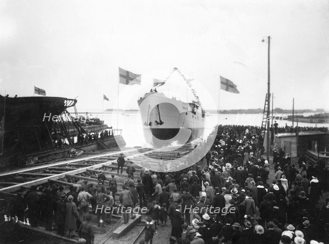 Launching of the SS 'Torild', first ship built at the Landskrona Shipyard, Sweden, 1918. Artist: Unknown