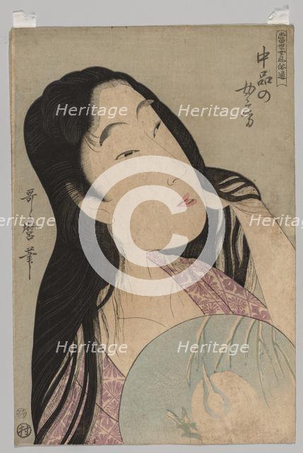 Bust of Woman with Loose Hair Holding Fan, 1753-1806. Creator: Kitagawa Utamaro (Japanese, 1753?-1806).