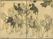 Barefoot elderly men with walking sticks, 1820, (1924).  Creator: Hokusai.