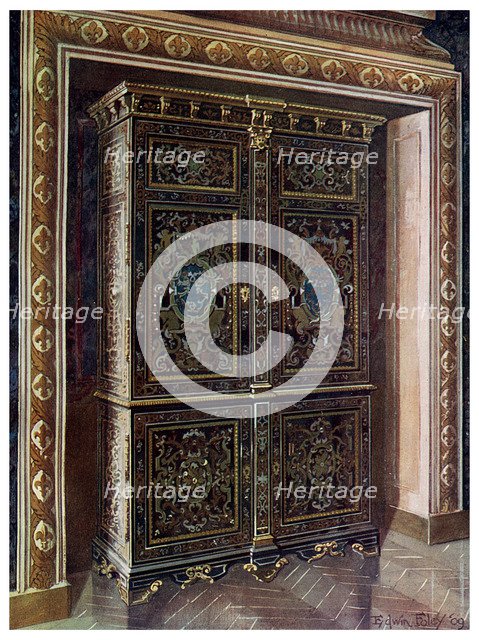 Armoire in ebony with inlays of engraved brass and white metal, 1910.Artist: Edwin Foley