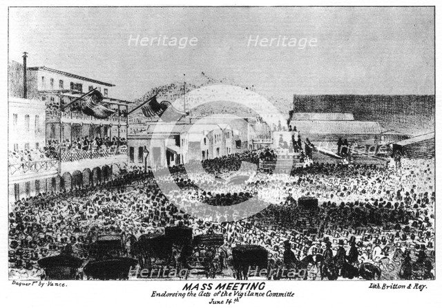 A mass meeting outside Fort Vigilant, Sacramento, California, 1856 (1937).Artist: Britton & Rey