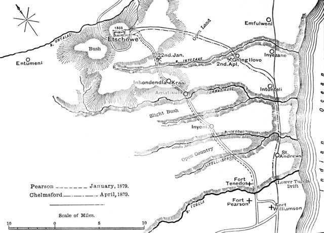 'Plan of the Marches of Pearson (Jan., 1879) and of Chelmsford (April, 1879) to Etschowe', c1880. Artist: Unknown.