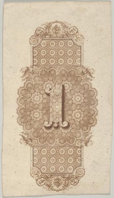 Banknote motif: ornamental number 1 against a panel of lathe work elements, adjoini..., ca. 1824-42. Creator: Durand, Perkins & Co.