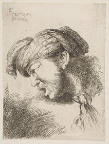 Man wearing a turban, a tie fastened around his neck, facing left, from the series of..., 1645-1650. Creator: Giovanni Benedetto Castiglione.