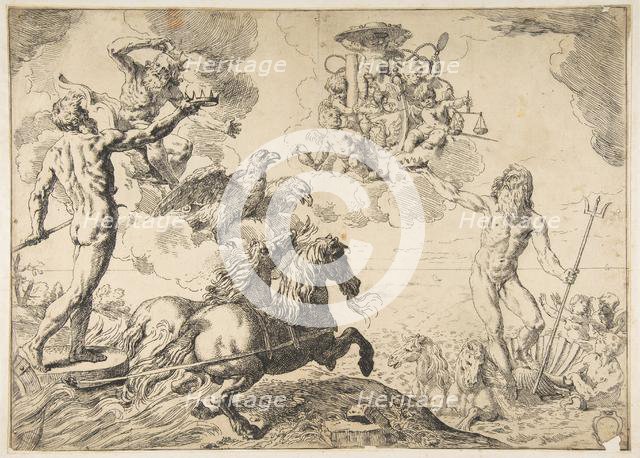 Jupiter, Neptune, and Pluto offering their crowns to the arms of Cardinal Borghese, 1642-43. Creator: Simone Cantarini.