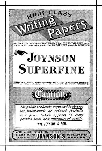 Advertisement for Joynson Superfine High Class Writing Papers, 1890. Creator: Unknown.