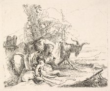 Woman and infant satyr in a landscape, the woman twisting to look over her left sho..., ca. 1740-42. Creator: Giovanni Battista Tiepolo.