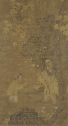 Two boys playing with the puppet of a lion, Ming dynasty, 15th-16th century. Creator: Unknown.