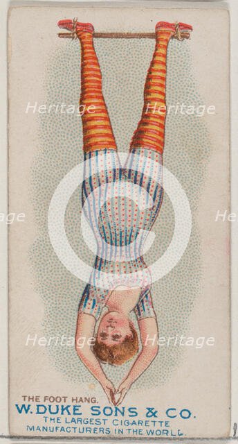 The Foot Hang, from the Gymnastic Exercises series (N77) for Duke brand cigarettes, 1887., 1887. Creator: Unknown.