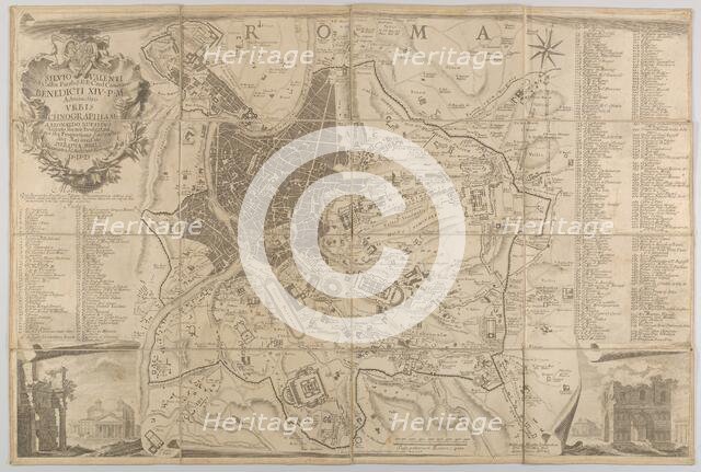 Plan of ancient Rome with a view of the Pantheon lower left and a triumphal arch lower rig..., 1748. Creators: Carlo Nolli, Francesco Monaco.