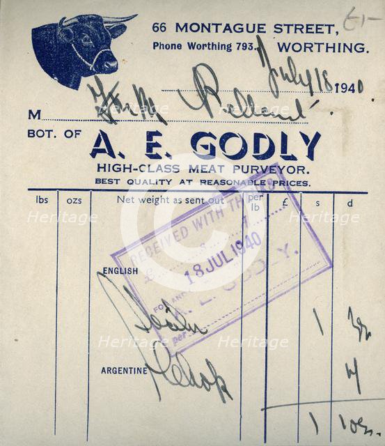 Butcher's receipt, 1940. Creator: Unknown.