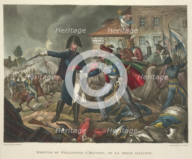 The meeting of Wellington and Blucher, at La Belle Alliance, during the Battle of Waterloo, 1815. Th Creator: William Heath.