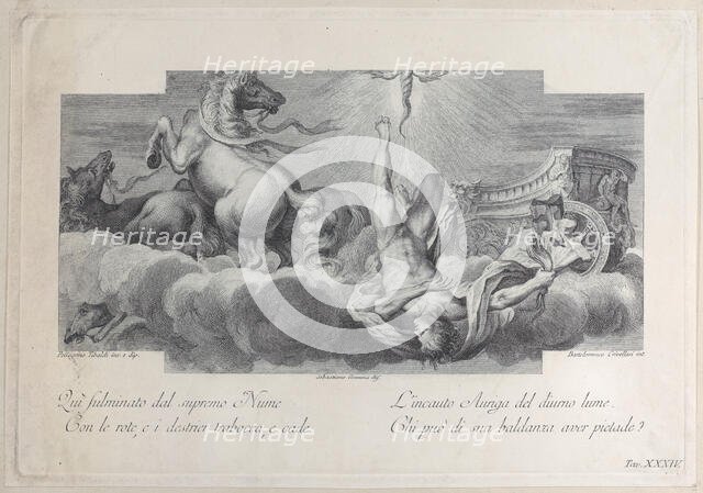 Plate 34: Auriga, the charioteer, falls from the chariot at center, with three horses at l..., 1756. Creators: Bartolomeo Crivellari, Sebastiano Gamma.