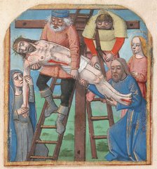 Manuscript Illumination with the Descent from the Cross, from a Book of Hours, late 15th century. Creator: Unknown.