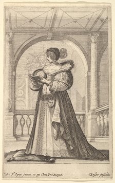 A woman standing, facing the left in profile, wearing a hat and a lace collar, reading..., ca. 1629. Creator: Abraham Bosse.