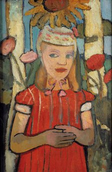 Girl in red dress in front of sunflower, 1907. Creator: Modersohn-Becker, Paula (1876-1907).