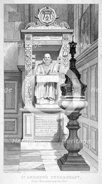 Monument to John Stow and font in St Andrew Undershaft, 1837.                                        Artist: John Le Keux