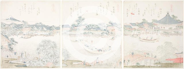 Komagata Hall and O-umaya River Bank, from the series "A Selection of Horses (Uma..., Japan, 1822. Creator: Hokusai.