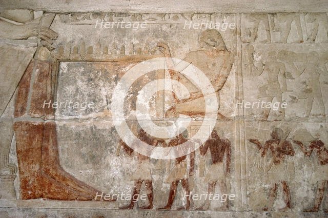 Polychrome relief depicting offering bearers to Mereruka, Mastaba of Mereruka, Saqqara, Egypt, 2003. Creator: Unknown.