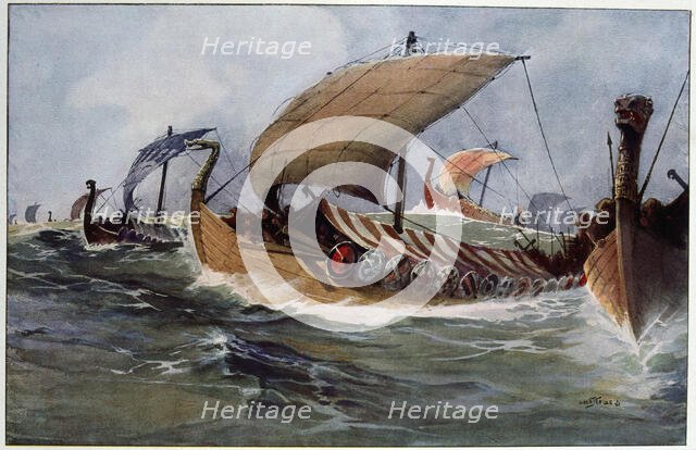 Viking longships under sail. Artist: Albert Sebille