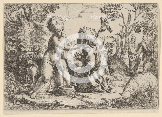 Young Saint John the Baptist kneeling before the infant Christ who caresses his f..., ca. 1600-1640. Creator: Guido Reni.